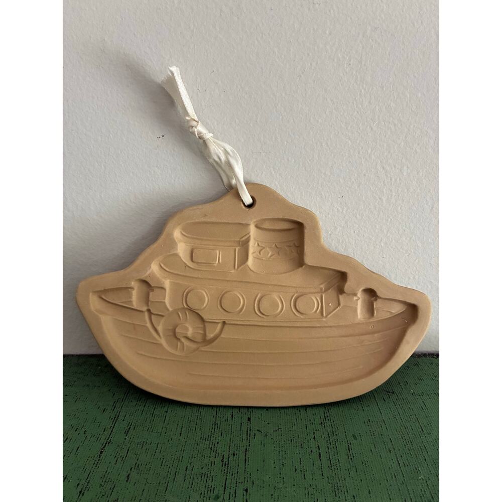 Vintage 1987 Brown Bag Cookie Art Tugboat Mold Nautical Stoneware Cookie Mold